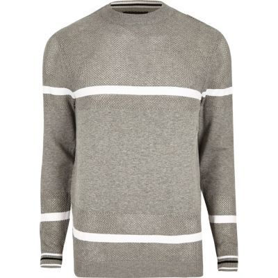 Grey knit mesh panel stripe jumper